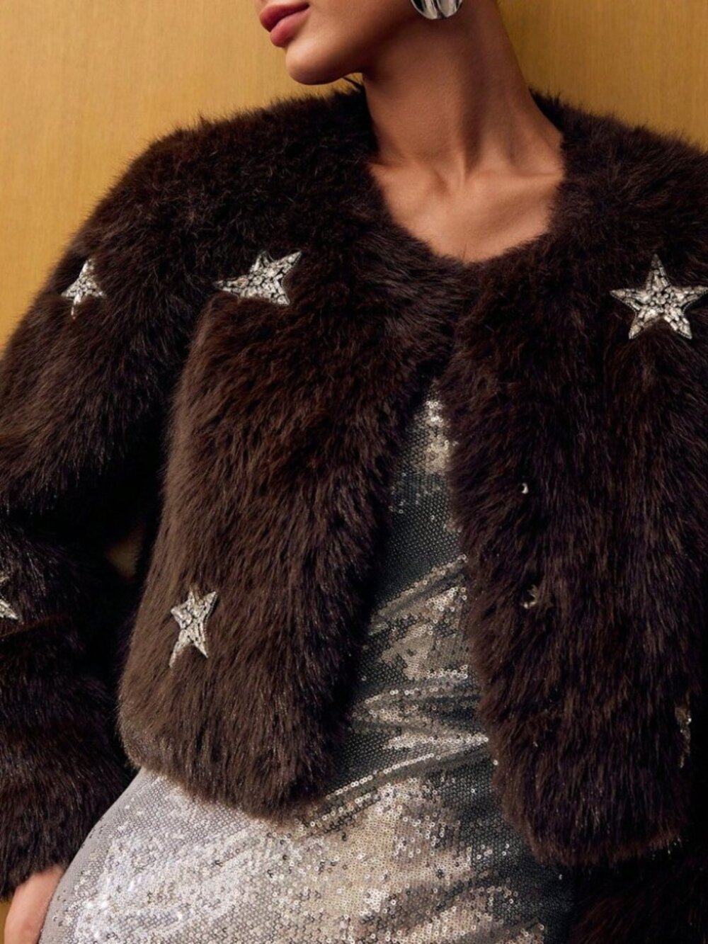 Brown Faux Fur Beaded Star Embelisshed Cropped Teddy Jacket